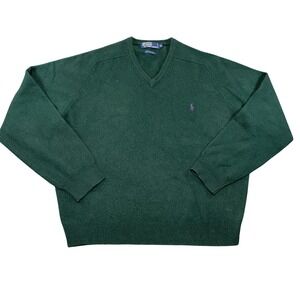 Polo Ralph Lauren Mens XL Green Lambswool V-Neck Sweater Purple Pony Logo Knit